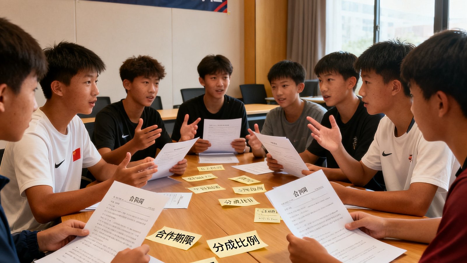 青少年体育经纪人培训课程现场，学员在模拟谈判中讨论合同细节